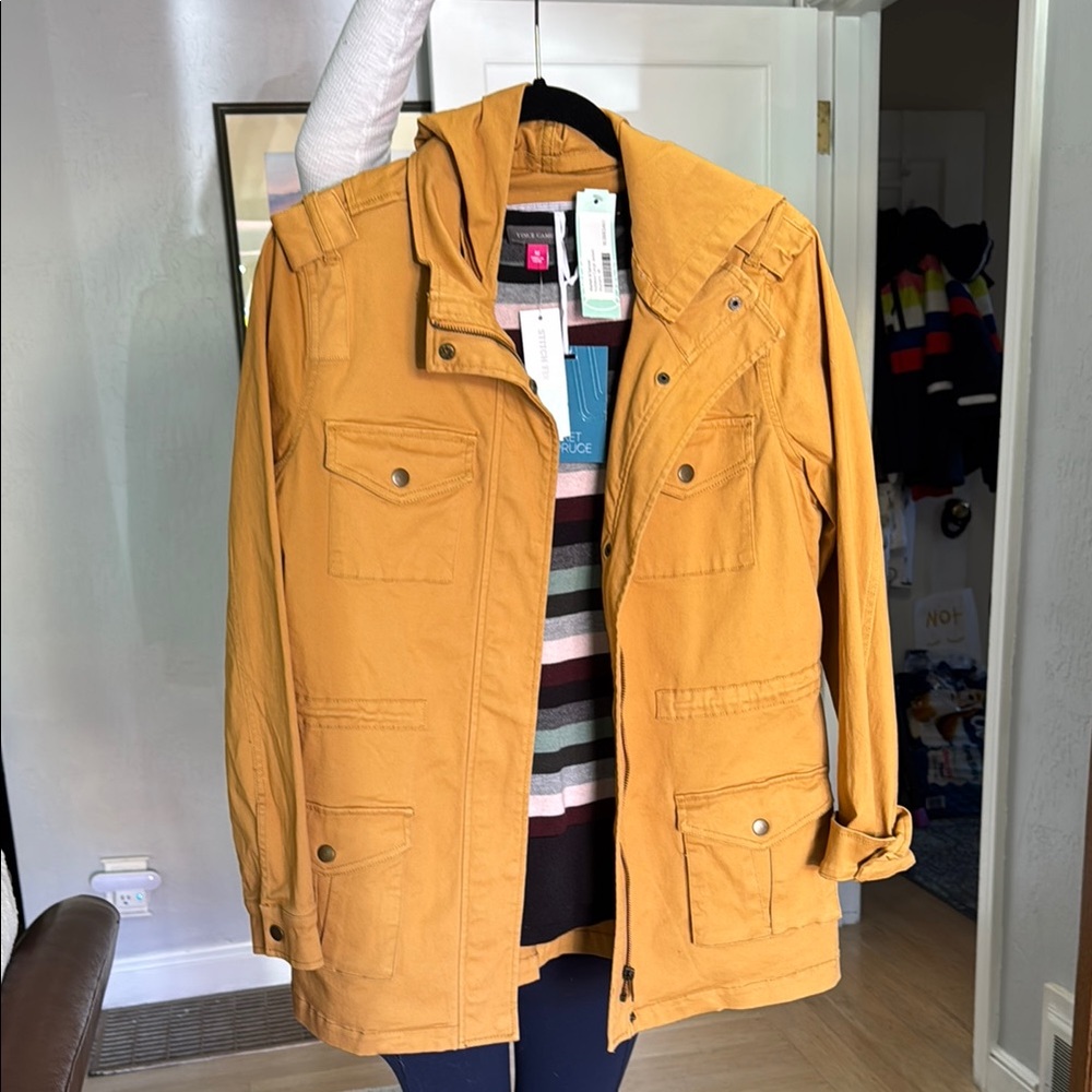 Market & Spruce/Vince Camuto Mustard Yellow Utility Jacket/striped sweater set